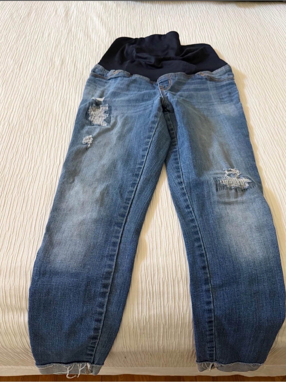 Maternity Distressed Blue Denim Jeans with Stretch Waistband